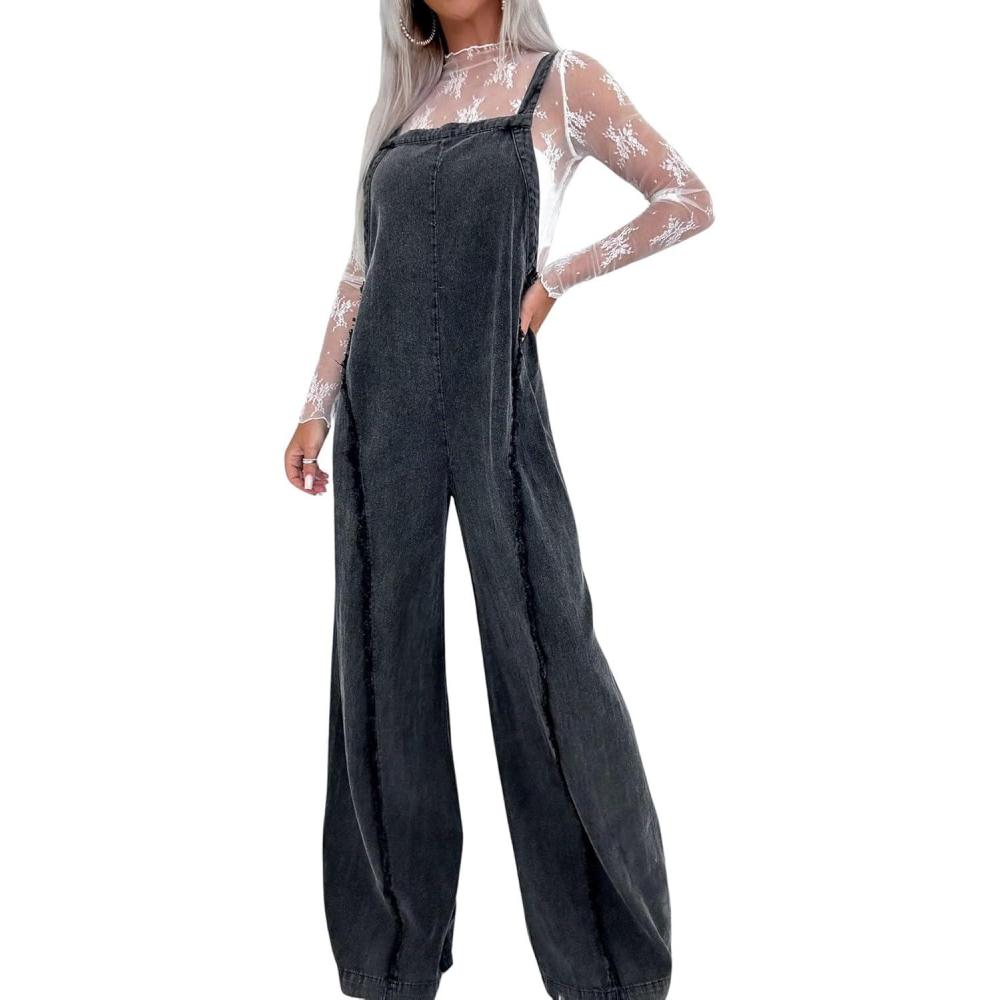 imageCHARTOU Women Loose Fit Denim Jumpsuit Adjustable Straps Wide Leg Long Pants Frayed Jean OverallsBlack