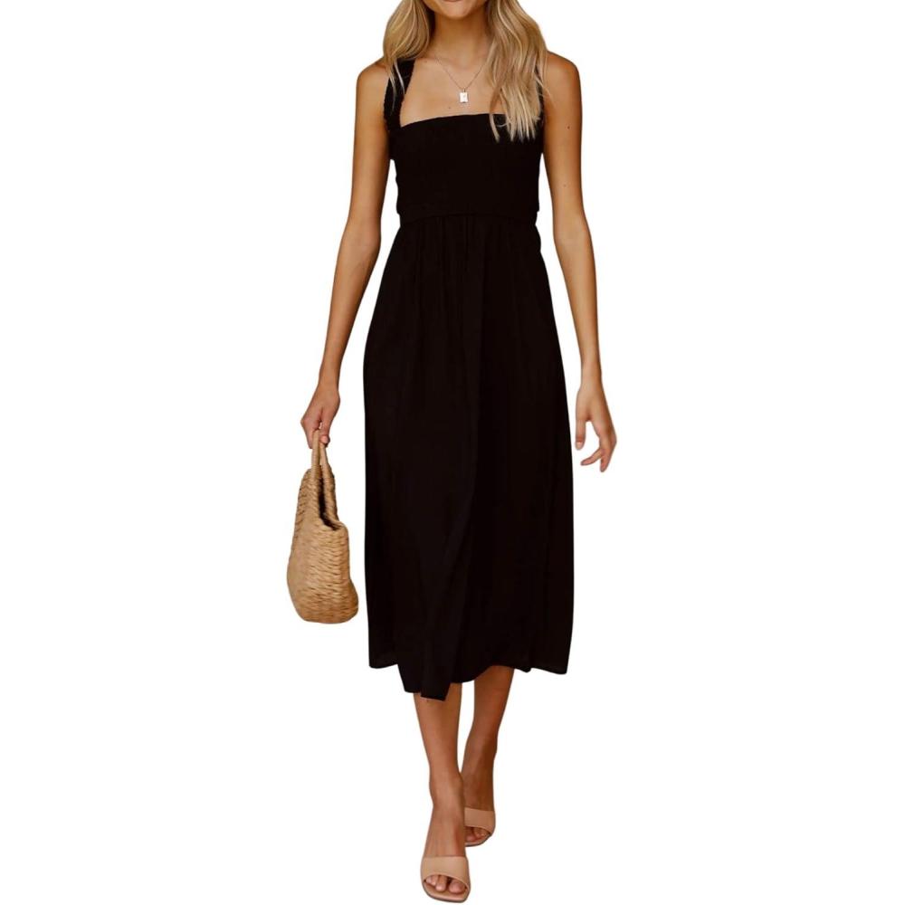 imageCHARTOU Women Sexy Spaghetti Strap Cut Out Smocked Dress Party Backless Flowy Midi Dress with PocketBlack