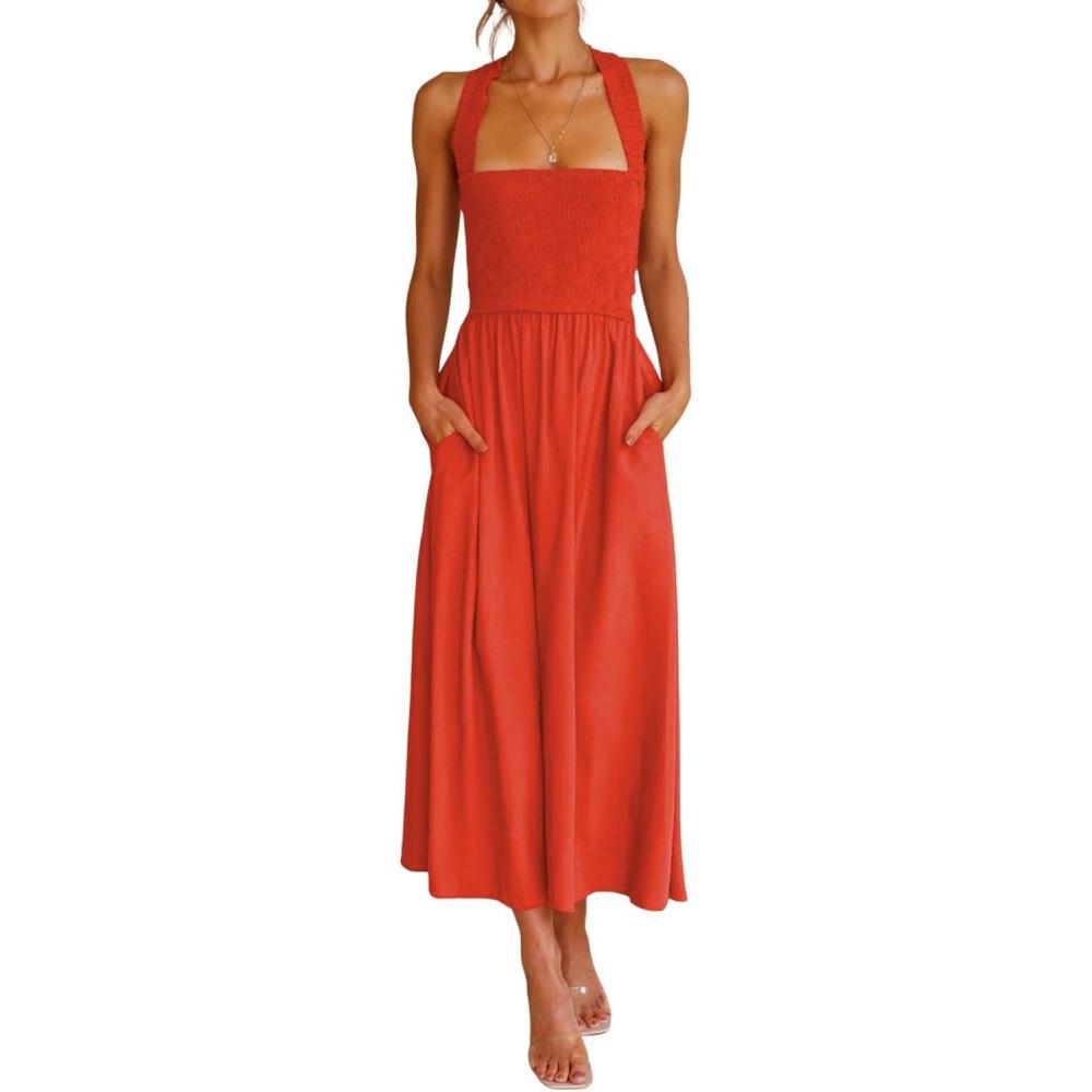 imageCHARTOU Women Sexy Spaghetti Strap Cut Out Smocked Dress Party Backless Flowy Midi Dress with PocketOrange