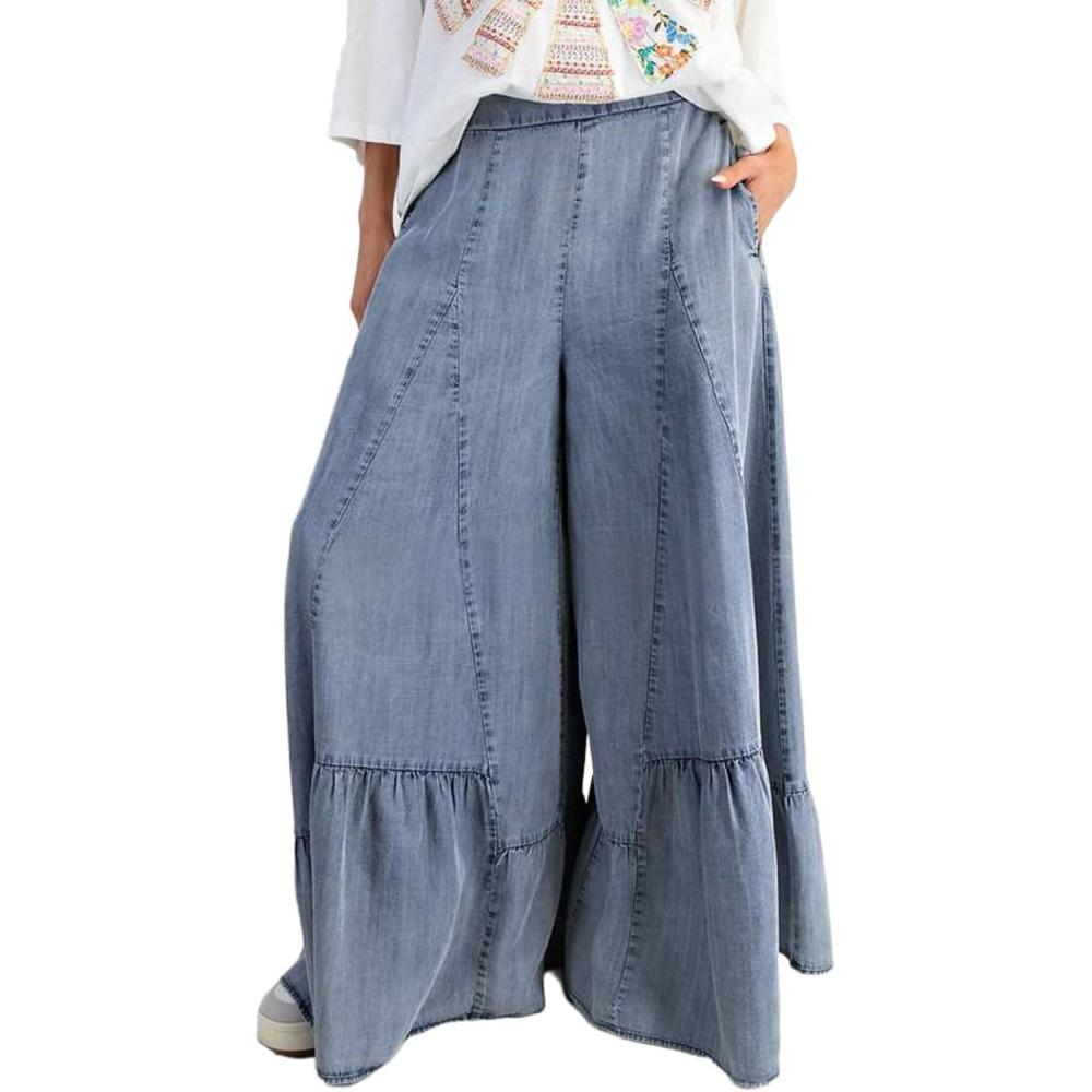 imageCHARTOU Women Wide Leg Baggy Patchwork Jeans Flowy Palazzo Ruffle Denim Flare Pants with PocketsLight Blue