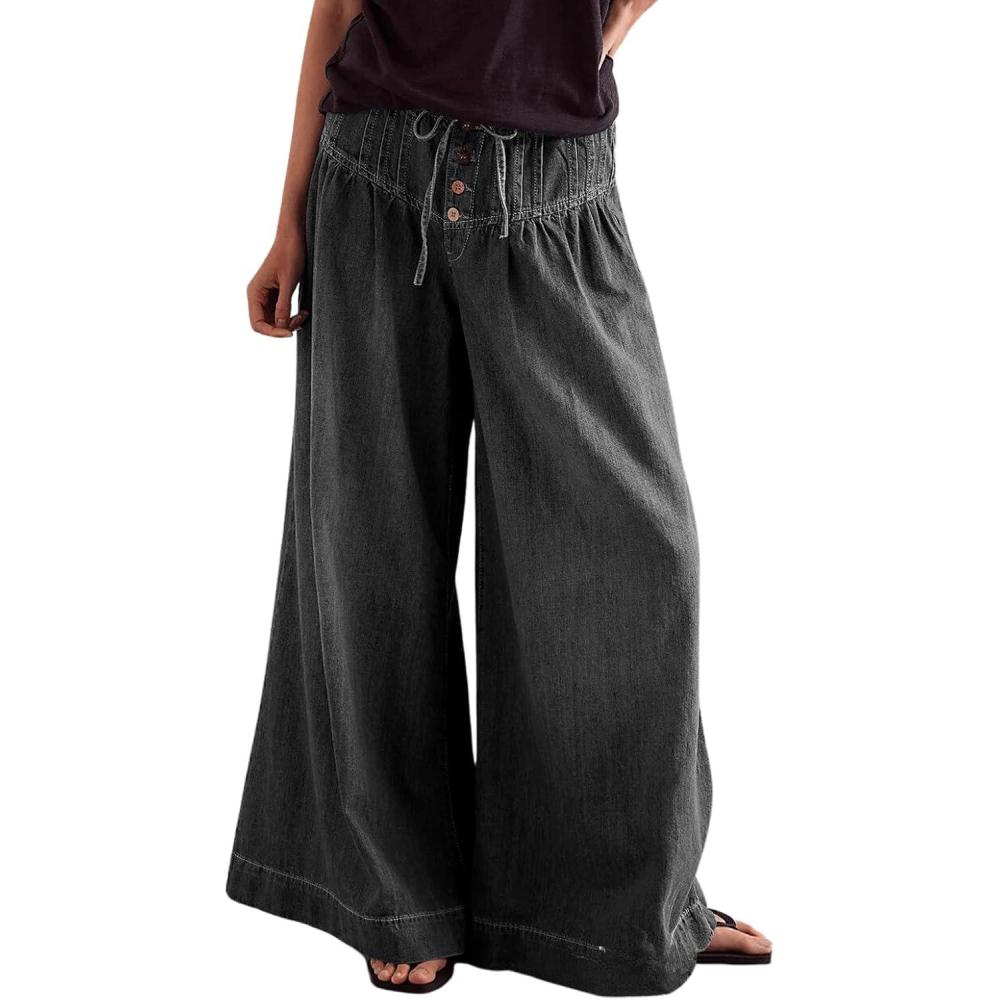 imageCHARTOU Womens Baggy Wide Leg Denim Pants Drawstring Midi Waisted Flare Jeans Ruffle Pleated Button JeansBlack