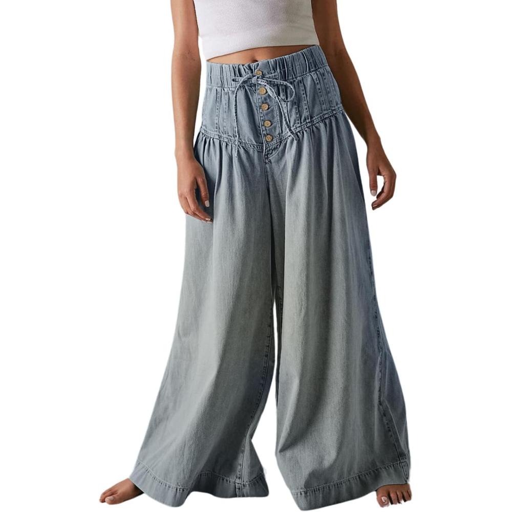 imageCHARTOU Womens Baggy Wide Leg Denim Pants Drawstring Midi Waisted Flare Jeans Ruffle Pleated Button JeansLight Blue