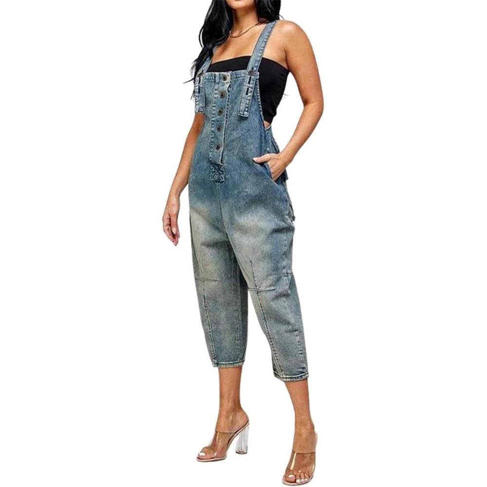 imageCHARTOU Womens Casual Loose Fit Jean Jumpsuit Overalls Crop Harem Denim PantsBlue