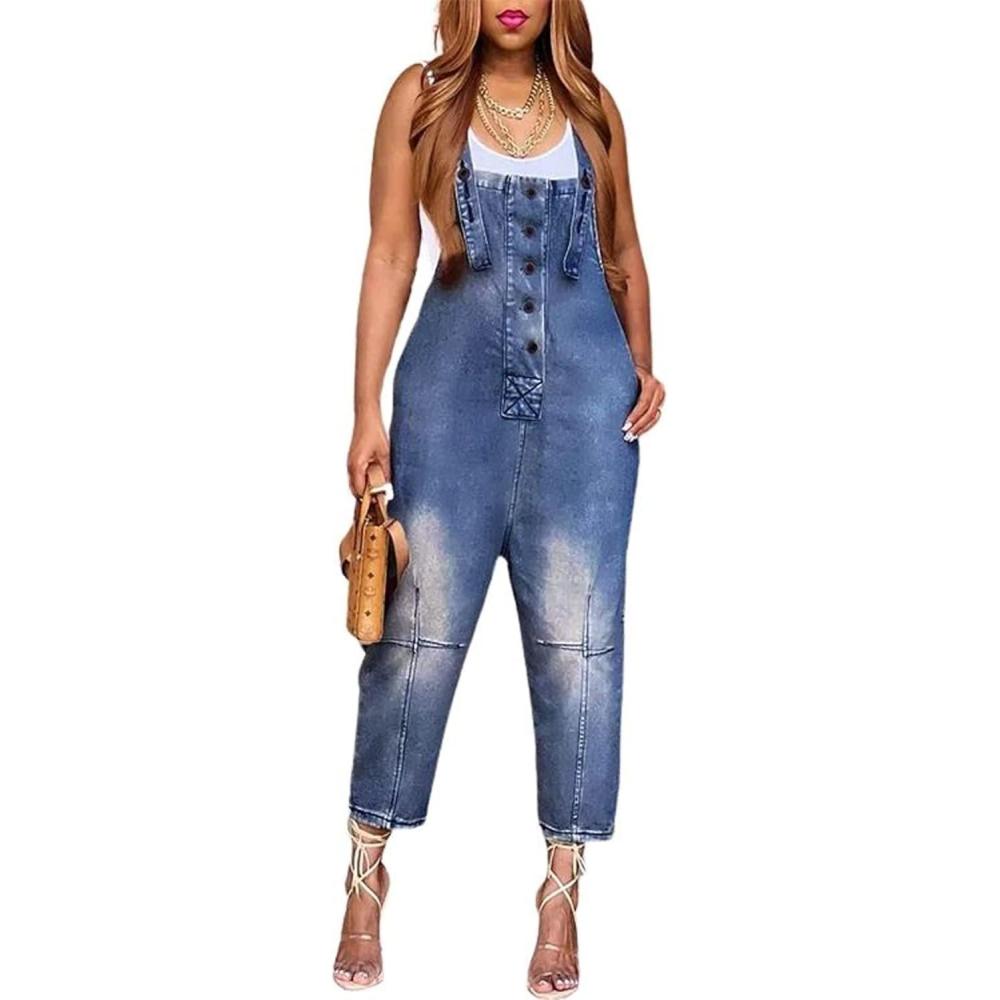 imageCHARTOU Womens Casual Loose Fit Jean Jumpsuit Overalls Crop Harem Denim PantsDark Blue