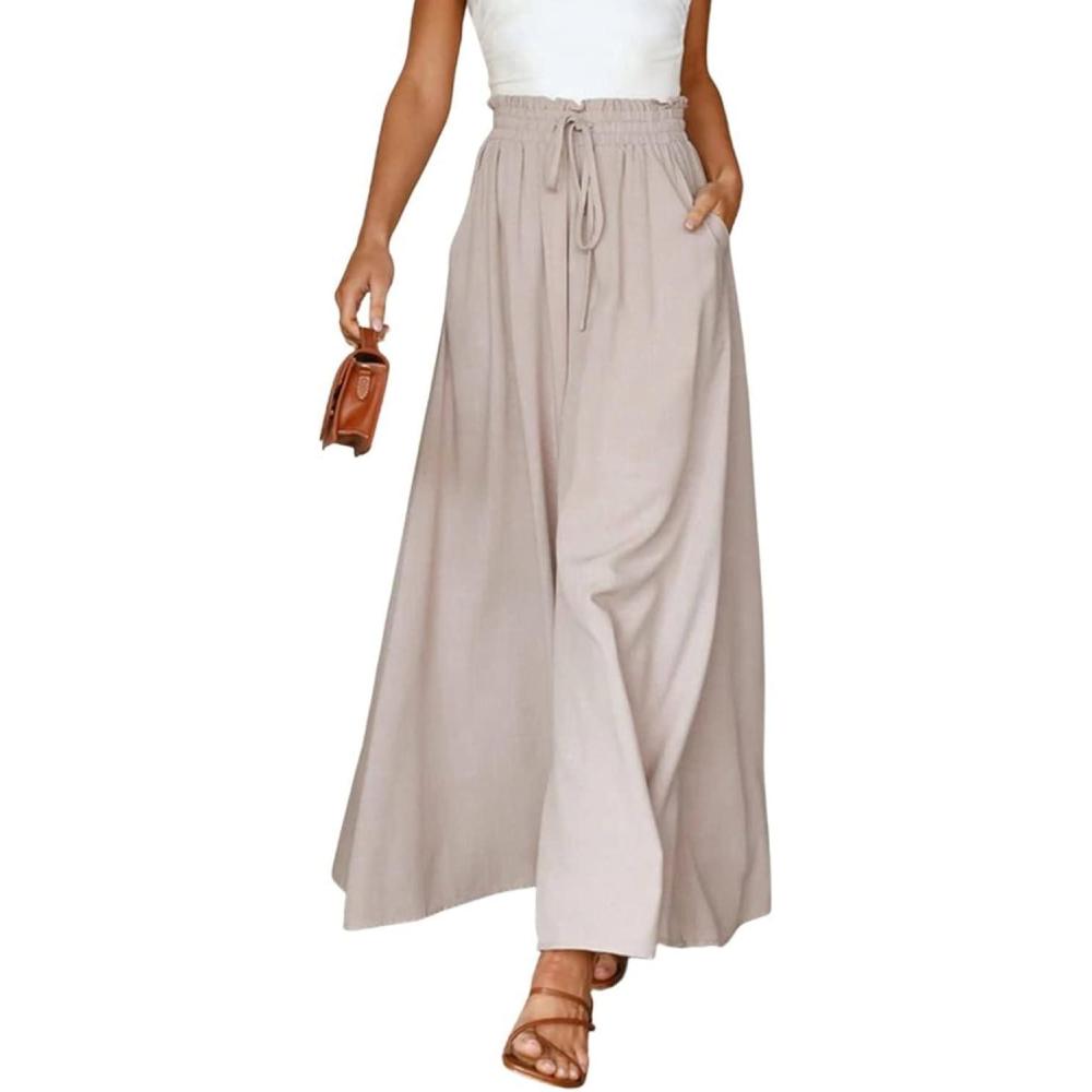 imageCHARTOU Womens Comfy Drawstring High Waist Wide Leg Casual Palazzo Culottes PantsBeige