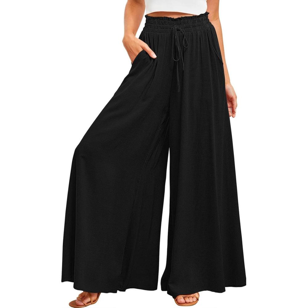imageCHARTOU Womens Comfy Drawstring High Waist Wide Leg Casual Palazzo Culottes PantsBlack