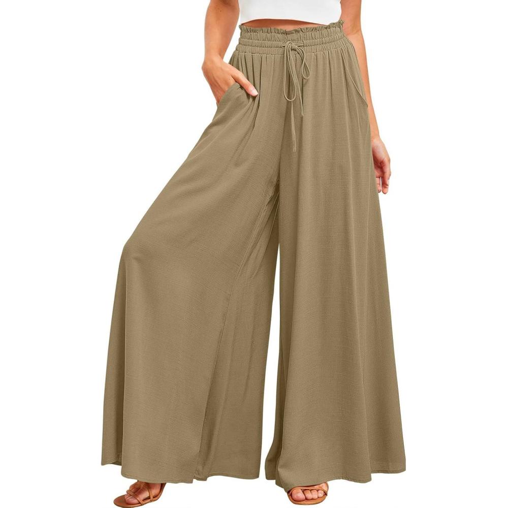 imageCHARTOU Womens Comfy Drawstring High Waist Wide Leg Casual Palazzo Culottes PantsGreen