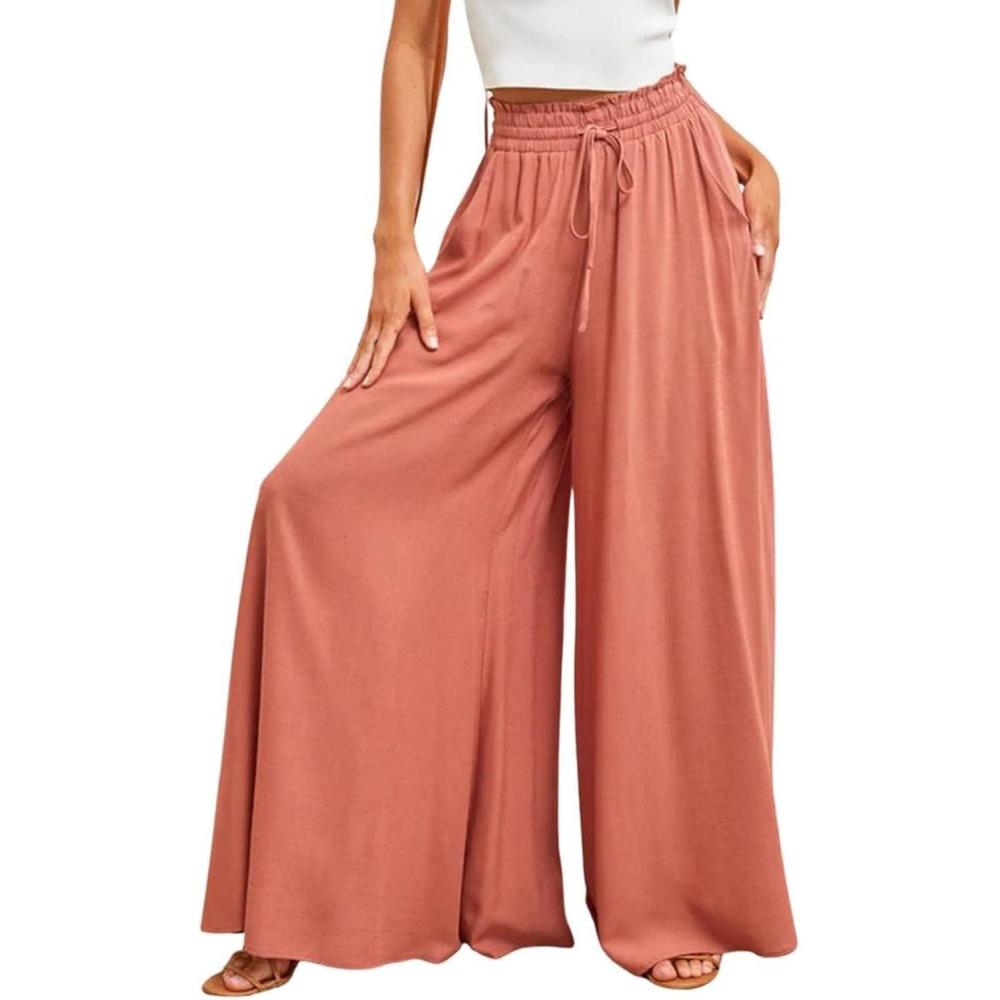 imageCHARTOU Womens Comfy Drawstring High Waist Wide Leg Casual Palazzo Culottes PantsTangerine