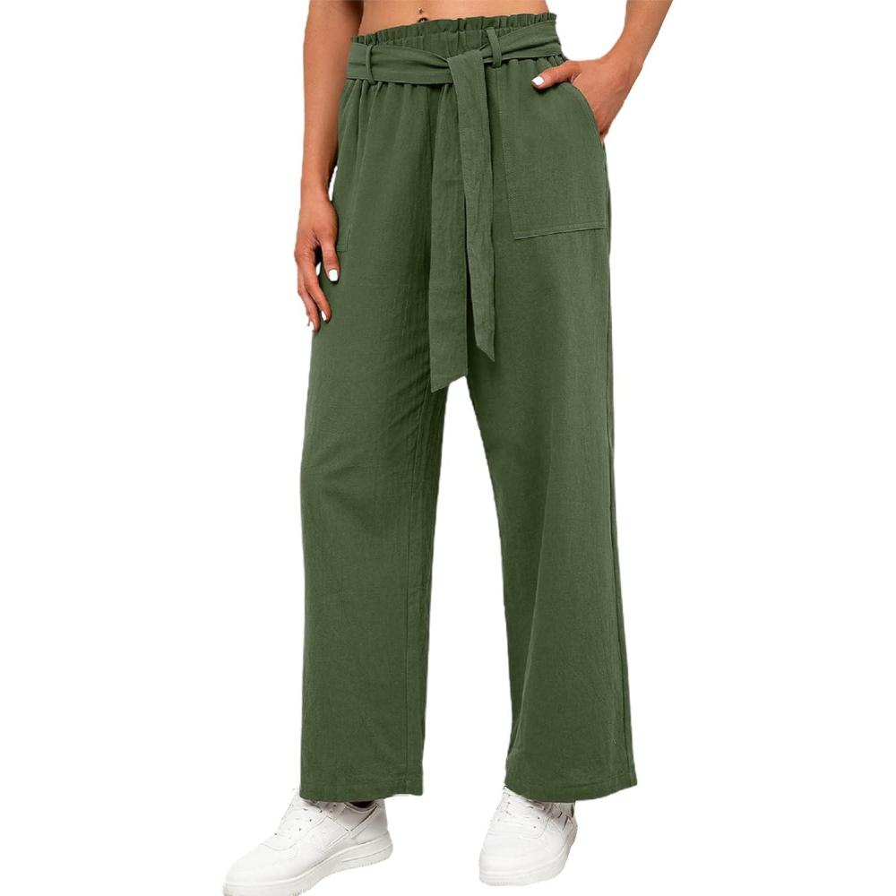 imageCHARTOU Womens Elastic SelfTie Waist WideLeg Lightweight Palazzo Beach PantsGreen