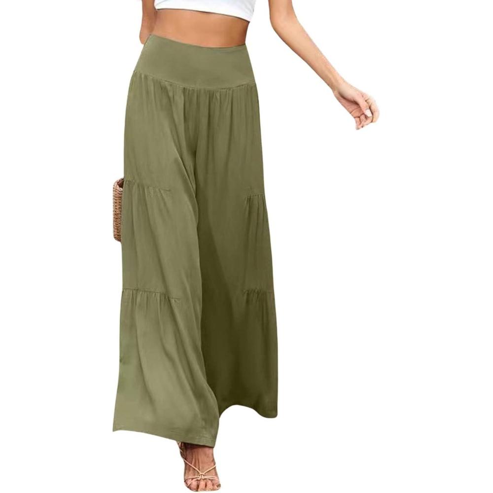 imageCHARTOU Womens Linen Wide Leg Pants High Waisted Tiered Palazzo Beach Flowy PantsArmy Green