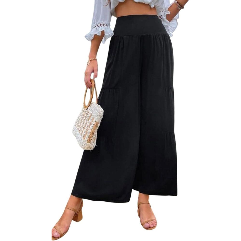 imageCHARTOU Womens Linen Wide Leg Pants High Waisted Tiered Palazzo Beach Flowy PantsBlack