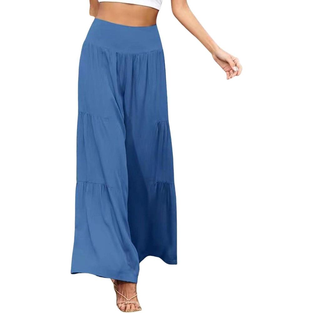 imageCHARTOU Womens Linen Wide Leg Pants High Waisted Tiered Palazzo Beach Flowy PantsBlue