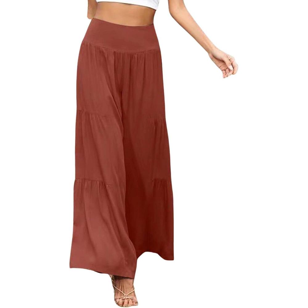 imageCHARTOU Womens Linen Wide Leg Pants High Waisted Tiered Palazzo Beach Flowy PantsBrick Red