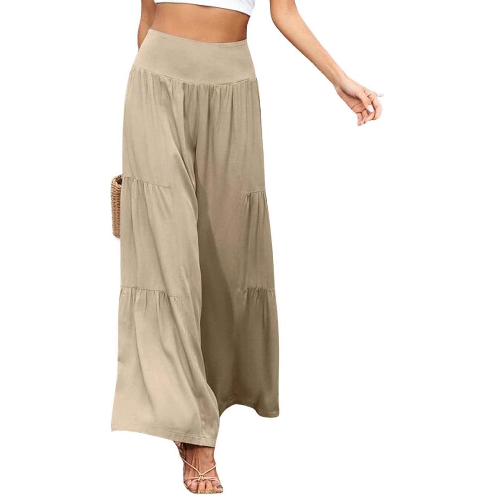 imageCHARTOU Womens Linen Wide Leg Pants High Waisted Tiered Palazzo Beach Flowy PantsKhaki