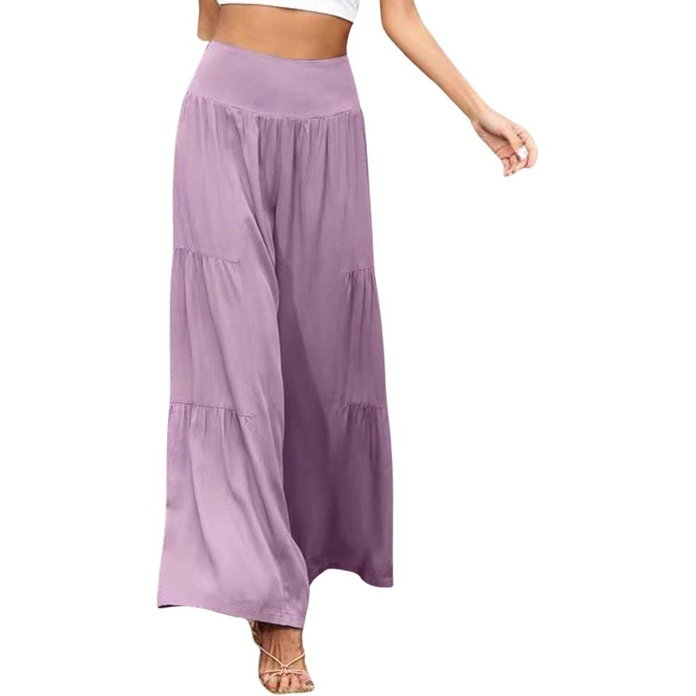imageCHARTOU Womens Linen Wide Leg Pants High Waisted Tiered Palazzo Beach Flowy PantsLight Purple