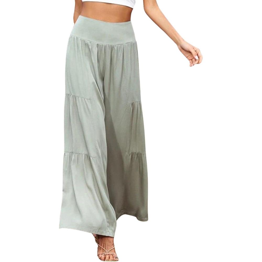 imageCHARTOU Womens Linen Wide Leg Pants High Waisted Tiered Palazzo Beach Flowy PantsMint