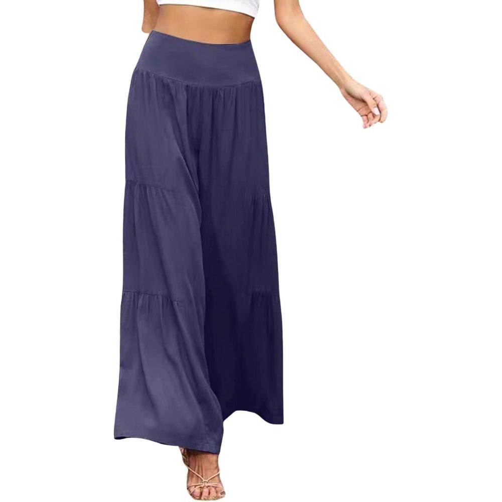 imageCHARTOU Womens Linen Wide Leg Pants High Waisted Tiered Palazzo Beach Flowy PantsNavy
