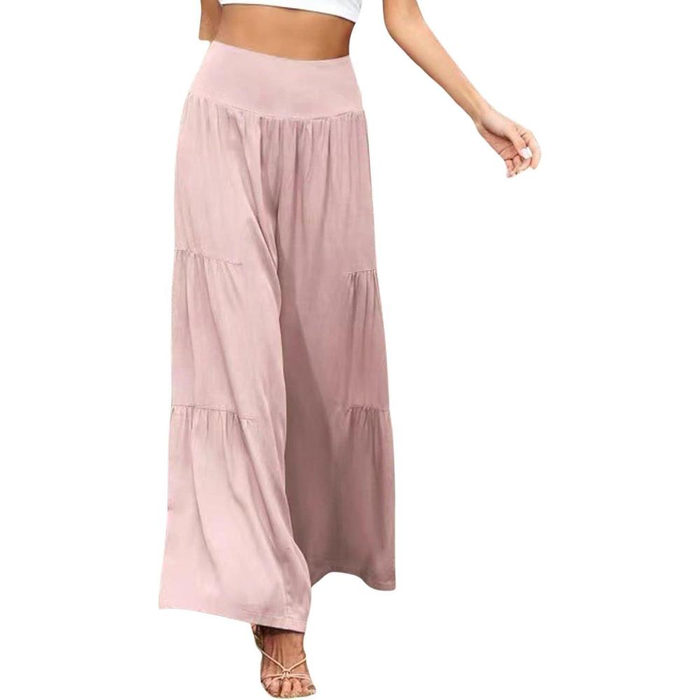 imageCHARTOU Womens Linen Wide Leg Pants High Waisted Tiered Palazzo Beach Flowy PantsPink