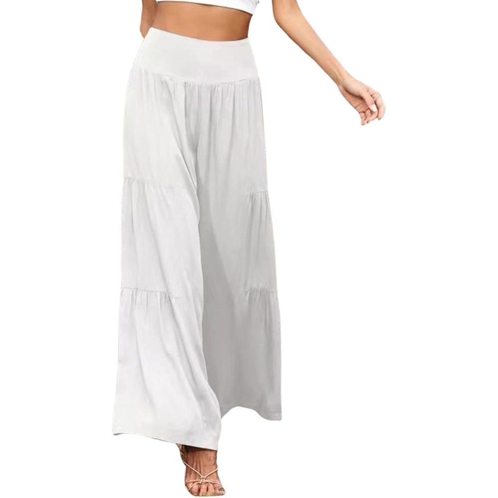 imageCHARTOU Womens Linen Wide Leg Pants High Waisted Tiered Palazzo Beach Flowy PantsWhite