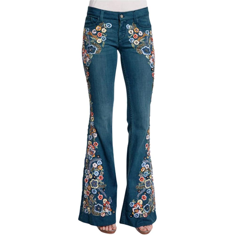 imageCHARTOU Womens Mid Rise Floral Embroidered Flare Jeans Bell Bottom Denim PantsDark Blue