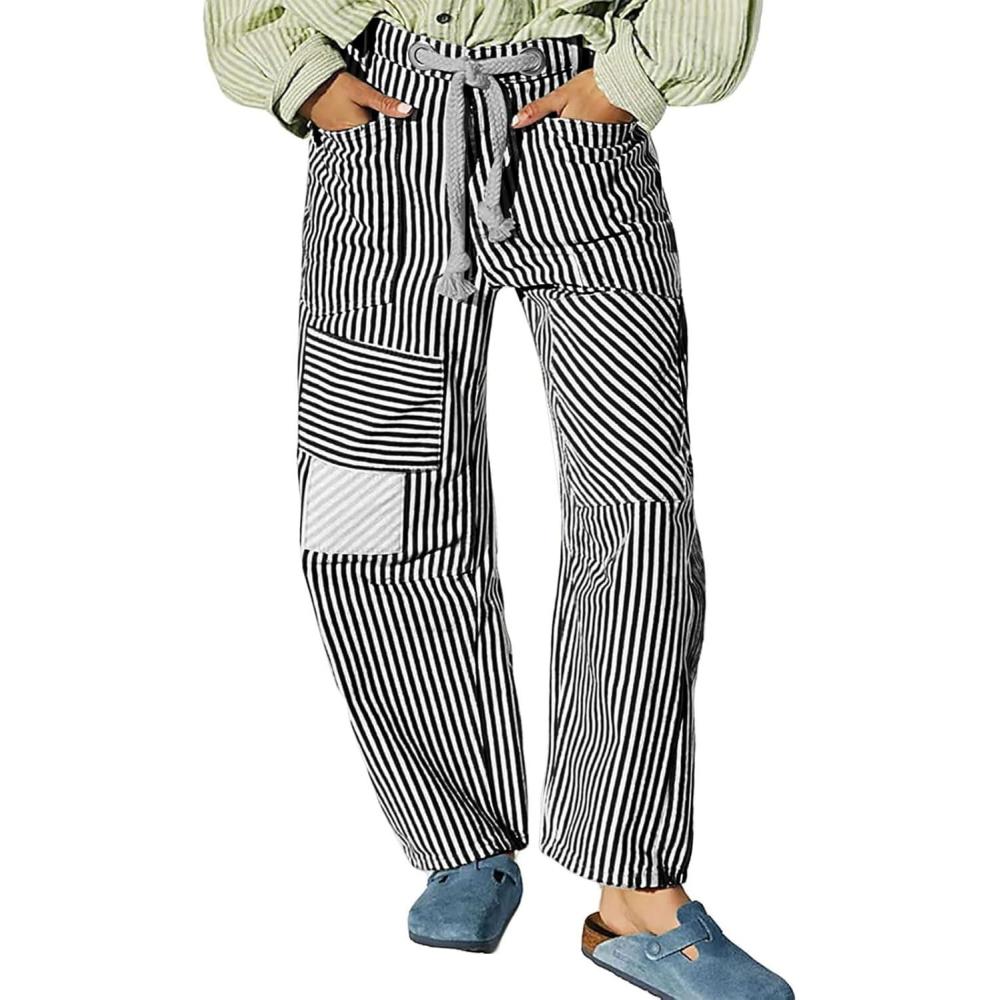 imageCHARTOU Womens Striped Barrel Jeans Baggy Mid Waist Drawstring Jeans Denim Patchwork Cropped Wide Leg PantsBlack
