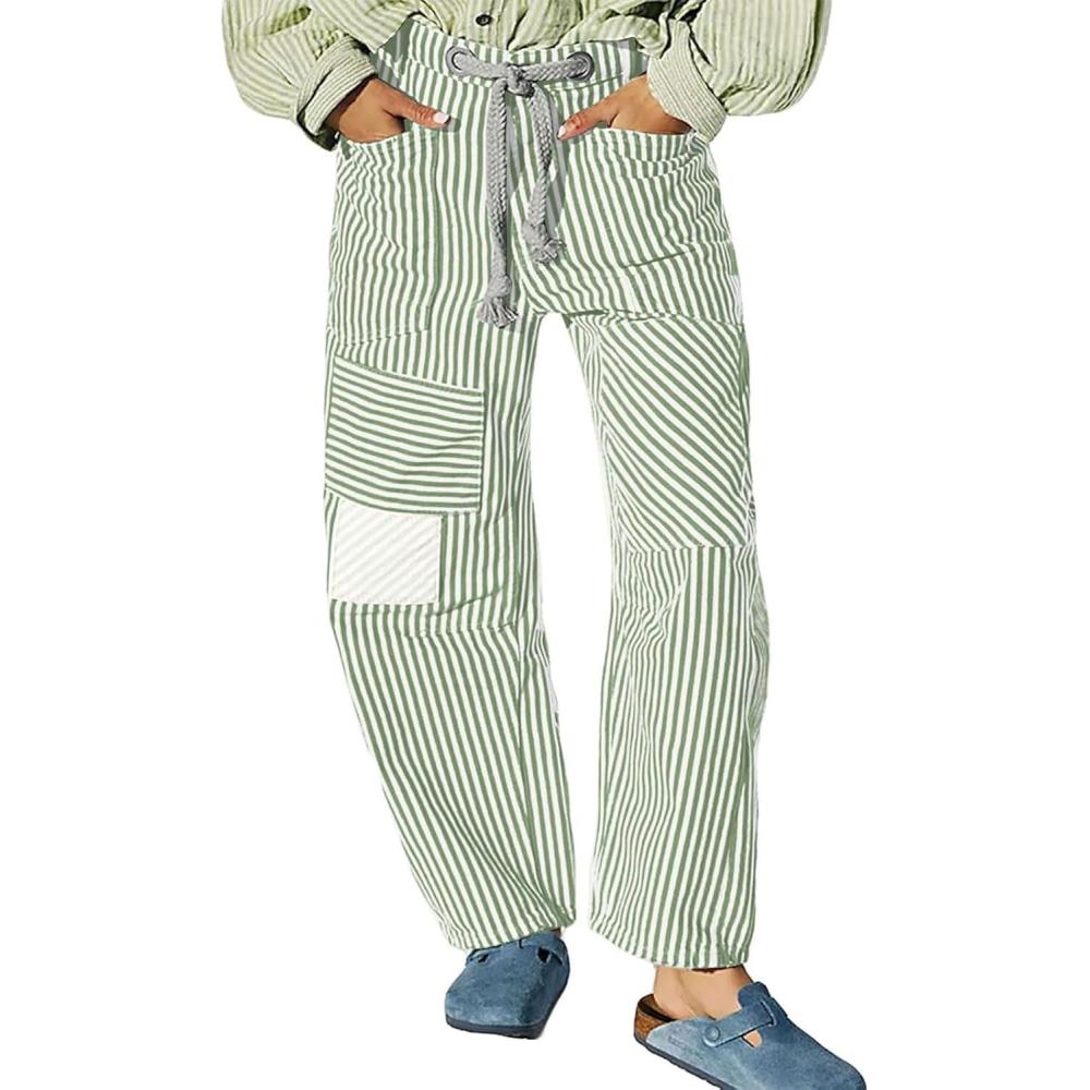 imageCHARTOU Womens Striped Barrel Jeans Baggy Mid Waist Drawstring Jeans Denim Patchwork Cropped Wide Leg PantsGreen