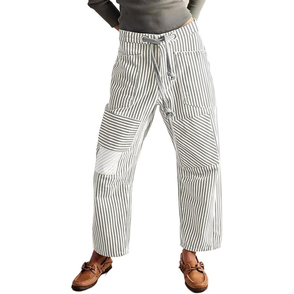 imageCHARTOU Womens Striped Barrel Jeans Baggy Mid Waist Drawstring Jeans Denim Patchwork Cropped Wide Leg PantsGrey