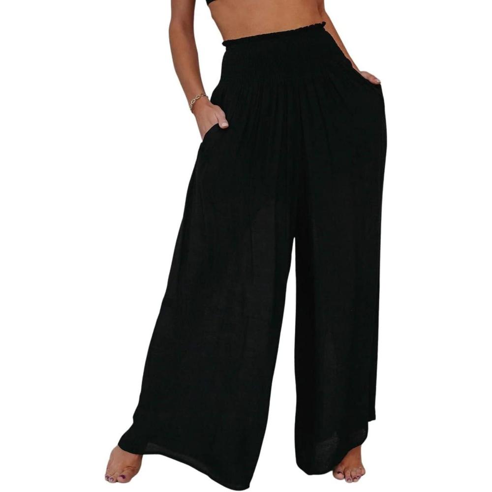 imageCHARTOU Womens Summer Lightweight Elastic Smocked Waist Cotton Flowy WideLeg Palazzo PantsBlack