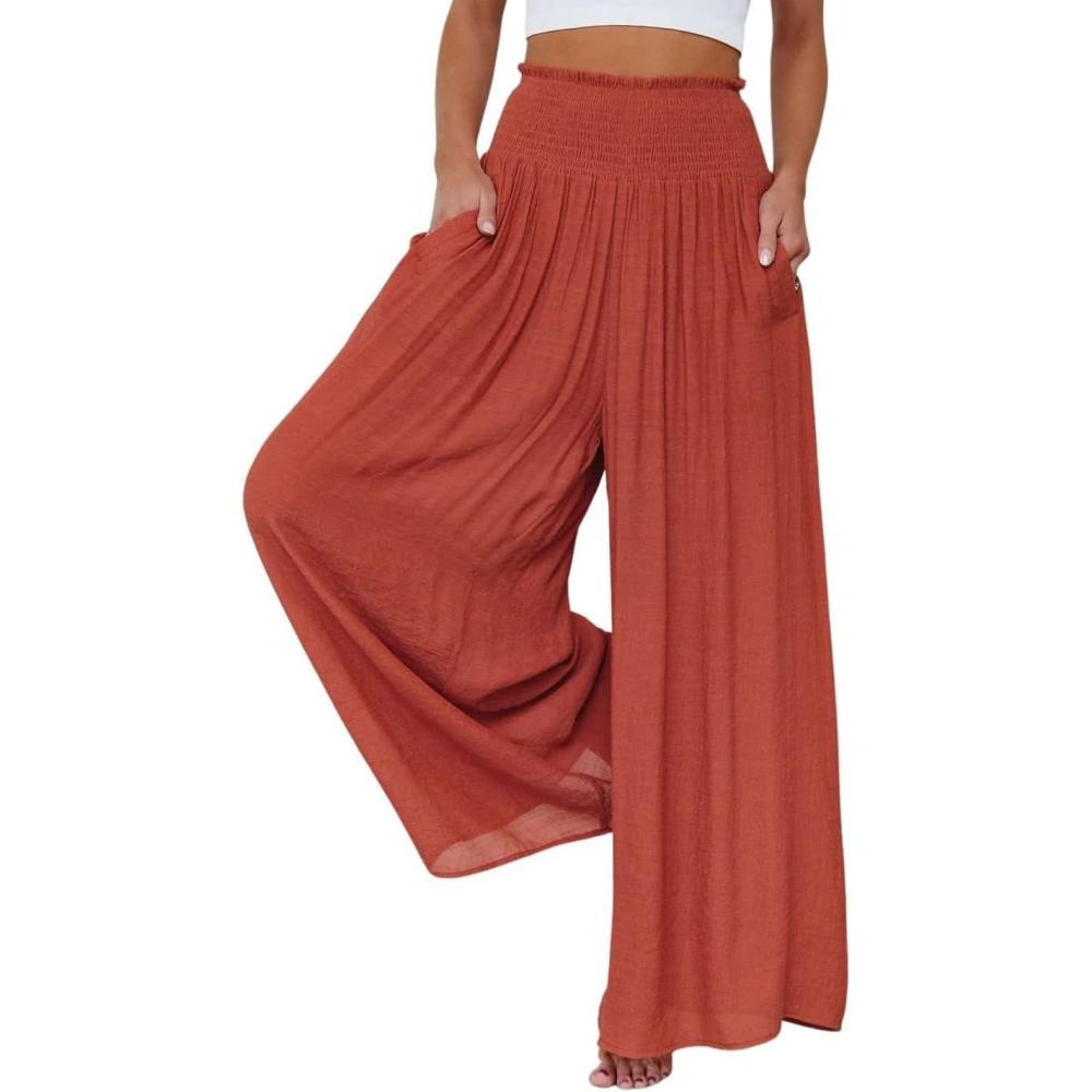 imageCHARTOU Womens Summer Lightweight Elastic Smocked Waist Cotton Flowy WideLeg Palazzo PantsRusty Red
