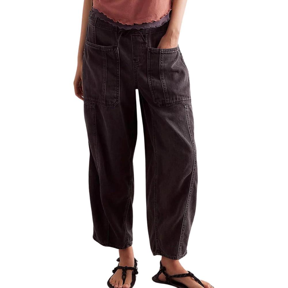 imageCHARTOU Womens Trendy Mid Rise Barrel Jeans Drawstring Boyfriend Denim Pants Harem Y2K Jeans with PocketsBlack
