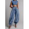imageCHARTOU Women Balloon Denim Baggy Pants Casual Loose Fit Vintage Pleated High Waist Wide Leg Jeans with PocketsBlue
