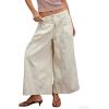 imageCHARTOU Women Flare Wide Leg Jeans Baggy Cropped Mid Rise Jeans Pleated Ruffle Denim Pants with PocketsBeige