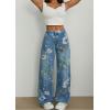 imageCHARTOU Women Mid Rise Floral Printed Straight Leg Jeans Baggy Summer Patchwork Denim PantsBlue
