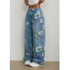 imageCHARTOU Women Mid Rise Floral Printed Straight Leg Jeans Baggy Summer Patchwork Denim PantsBlue