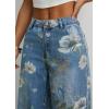 imageCHARTOU Women Mid Rise Floral Printed Straight Leg Jeans Baggy Summer Patchwork Denim PantsBlue