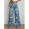 imageCHARTOU Women Mid Rise Floral Printed Straight Leg Jeans Baggy Summer Patchwork Denim PantsBlue