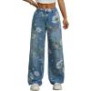 imageCHARTOU Women Mid Rise Floral Printed Straight Leg Jeans Baggy Summer Patchwork Denim PantsBlue
