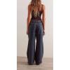 imageCHARTOU Women Patchwork Denim Wide Leg Pants Tie Front Drawstring Floor Length Straight Baggy Boyfriend Jeans with PocketsBlack