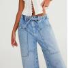imageCHARTOU Women Patchwork Denim Wide Leg Pants Tie Front Drawstring Floor Length Straight Baggy Boyfriend Jeans with PocketsBlue