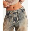 imageCHARTOU Women Patchwork Denim Wide Leg Pants Tie Front Drawstring Floor Length Straight Baggy Boyfriend Jeans with PocketsRetro Blue