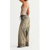 imageCHARTOU Women Patchwork Denim Wide Leg Pants Tie Front Drawstring Floor Length Straight Baggy Boyfriend Jeans with PocketsRetro Blue