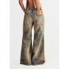 imageCHARTOU Women Patchwork Denim Wide Leg Pants Tie Front Drawstring Floor Length Straight Baggy Boyfriend Jeans with PocketsRetro Blue