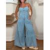 imageCHARTOU Women Ruffle Flare Wide Leg Denim Jumpsuit Baggy Jeans Pants Tie Knot Ruched Jean Overall with PocketsBlue