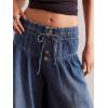 imageCHARTOU Womens Baggy Wide Leg Denim Pants Drawstring Midi Waisted Flare Jeans Ruffle Pleated Button JeansDark Blue