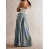 imageCHARTOU Womens Baggy Wide Leg Denim Pants Drawstring Midi Waisted Flare Jeans Ruffle Pleated Button JeansLight Blue
