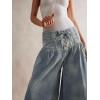 imageCHARTOU Womens Baggy Wide Leg Denim Pants Drawstring Midi Waisted Flare Jeans Ruffle Pleated Button JeansLight Blue