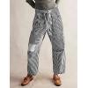 imageCHARTOU Womens Striped Barrel Jeans Baggy Mid Waist Drawstring Jeans Denim Patchwork Cropped Wide Leg PantsBlack