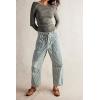 imageCHARTOU Womens Striped Barrel Jeans Baggy Mid Waist Drawstring Jeans Denim Patchwork Cropped Wide Leg PantsBlue