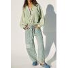 imageCHARTOU Womens Striped Barrel Jeans Baggy Mid Waist Drawstring Jeans Denim Patchwork Cropped Wide Leg PantsGreen