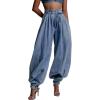 imageCHARTOU Women Balloon Denim Baggy Pants Casual Loose Fit Vintage Pleated High Waist Wide Leg Jeans with PocketsBlue